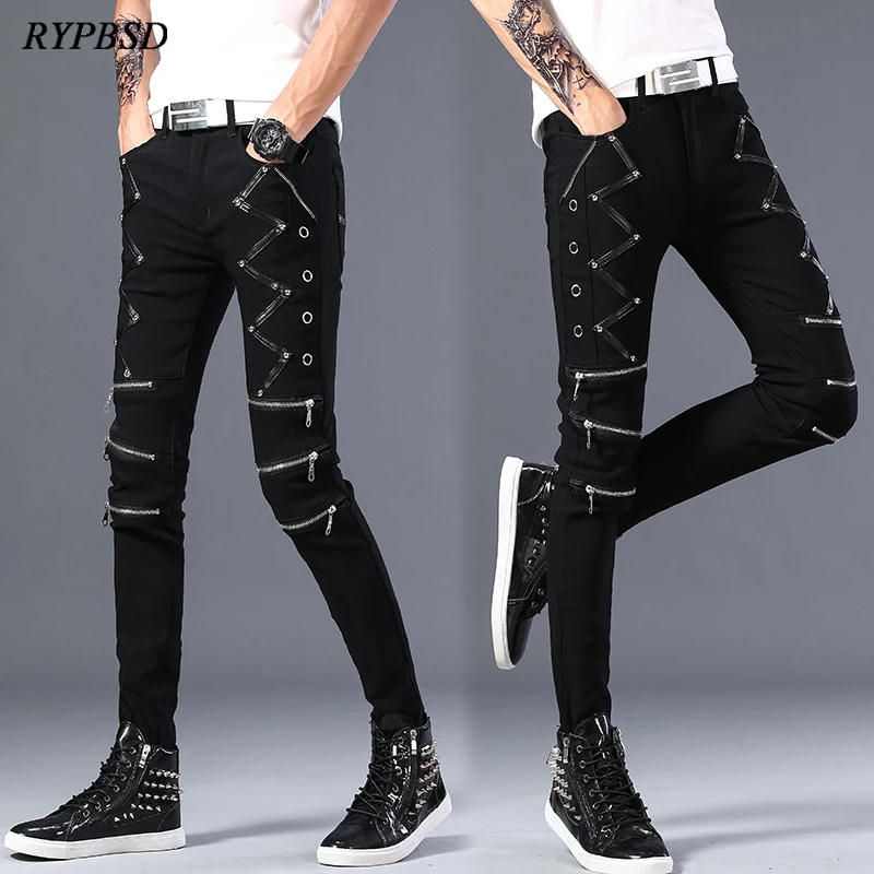 Top Trends: Men Jeans Pants 2024 Fashion Korean Zipper Patchwork Biker Leather Streetwear Hip Hop Punk Gothic Black Jeans Trousers For Men Shoppable Styles