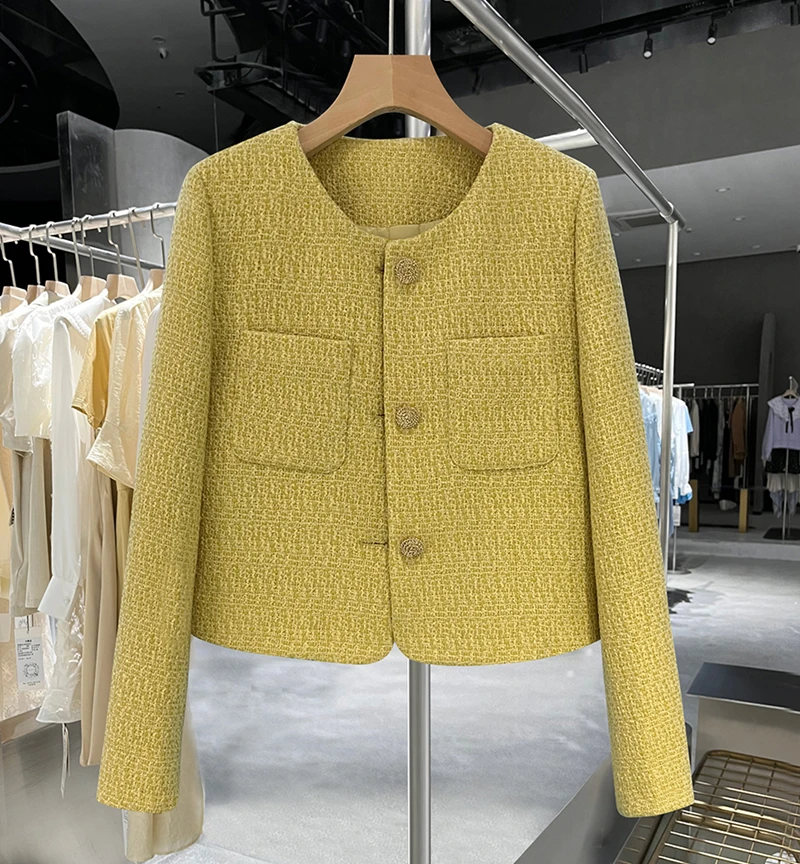 Top Trends: Yellow Tweed Jacket Luxury Women 2023 Autumn Korea Round Neck Long-sleeved Short Coat Tweed Cropped Jacket Elegant Women Blazer Shoppable Styles