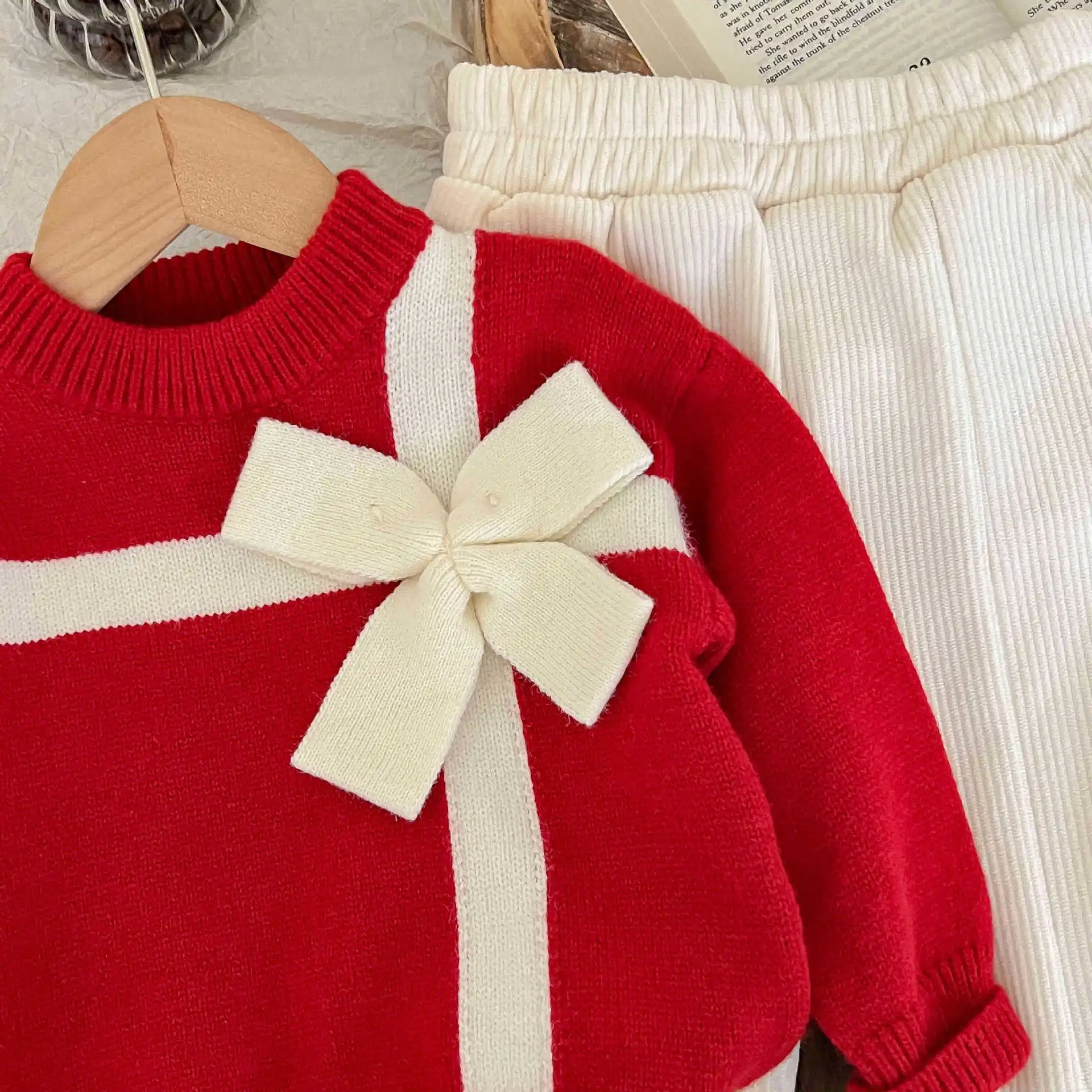 Top Trends: Cute Girls Sweater Sets Red Soft Warm Pullover Bow Gift Knitting Tops+ Elastic Waist Solid Pants 2Pcs Kids Christmas Clothes Suit Shoppable Styles - Image 2