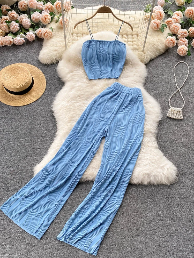 Top Trends: Women Summer Fashion Pants Set Spaghetti Strap Short Tops &amp; High Waist Long Pants Two Piece Suits Shoppable Styles