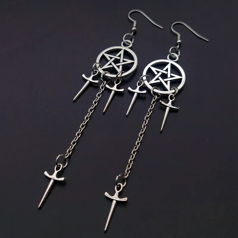 Top Trends: Gothic Silver Plated Circle Pentagram Dagger Dangle Earrings Wedding Party Holiday Gift For Men And Women Daily Jewelry Shoppable Styles