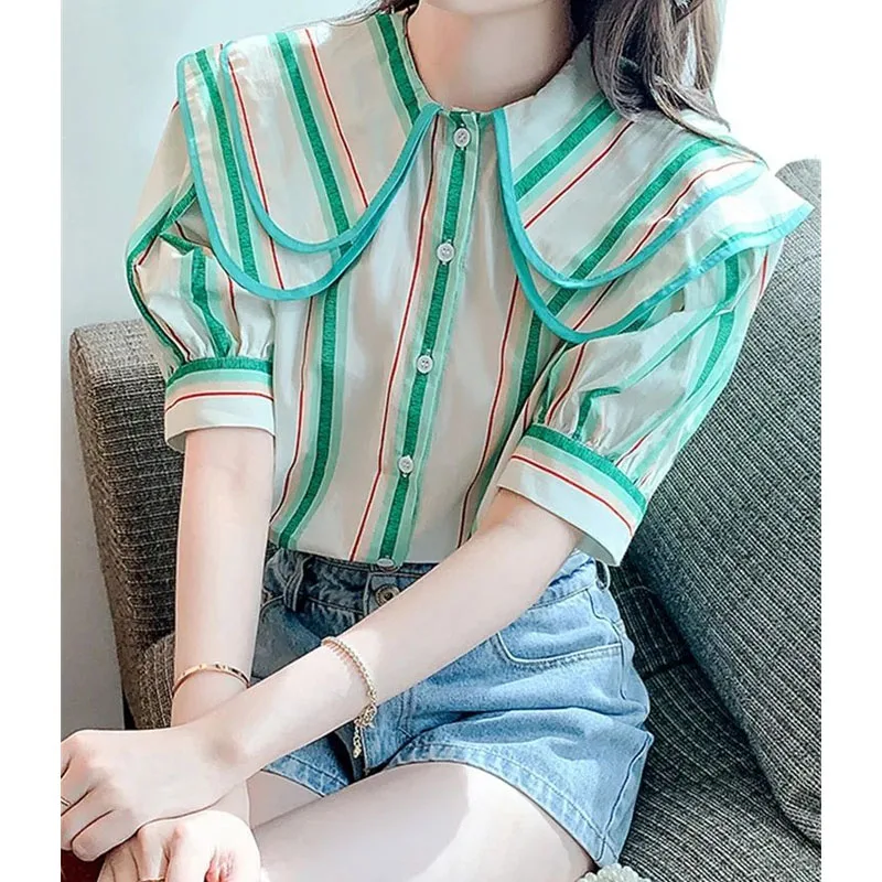 Top Trends: Summer Fashion Korean Contrast Color Striped Shirt Women's Clothing Casual Loose Short Sleeve Peter Pan Collar Blouse For Female Shoppable Styles