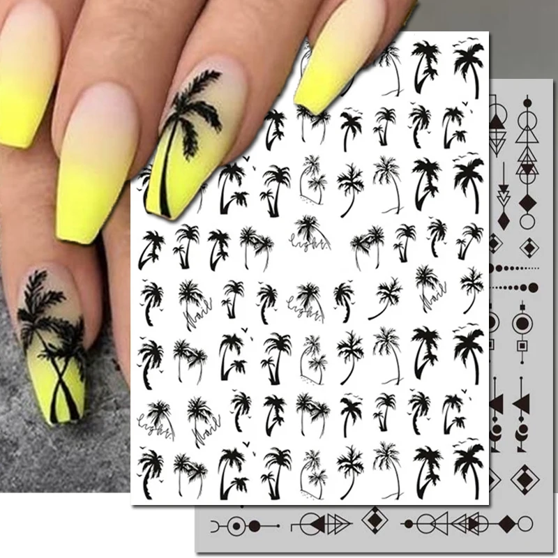 Top Trends: 3d Nail Art Decals Geometric Lines Coconut Tree Palms Leaves Flowers Adhesive Sliders Nail Stickers Decorated Manicure Shoppable Styles