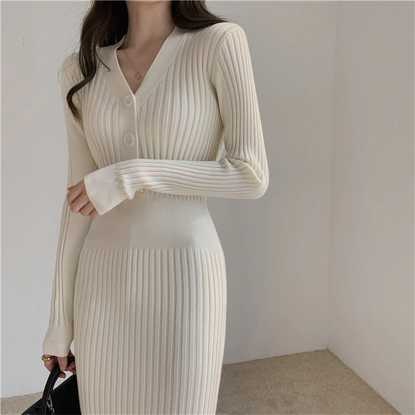 Top Trends: Woman's Knitted Autumn Winter Clothes V-neck Women Sweater Dress Korean Fashion New Streetwear Dress Long Sleeve Top Woman Dress Shoppable Styles