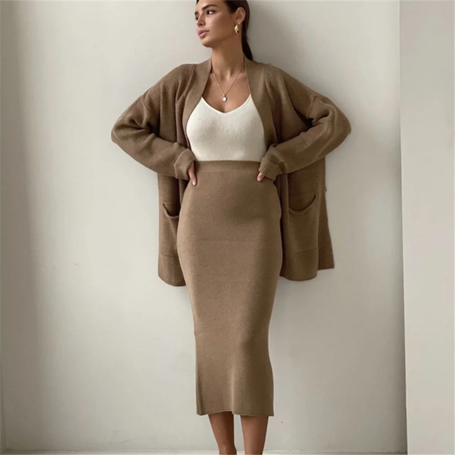 Top Trends: Women Knitted Two Piece Skirt Set Cardigan Coat+ Elastic Waist Bodycon Skirt Solid Color Office Suits Female Autumn Streetwear Shoppable Styles