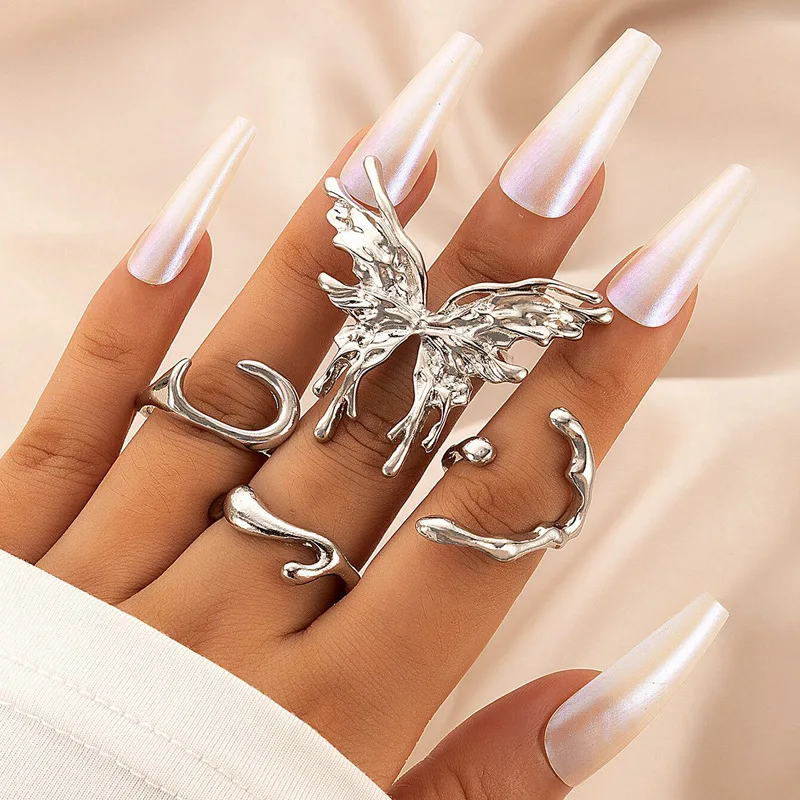 Top Trends: Punk Silver Color Liquid Butterfly Rings Set For Women Fashion Irregular Wave Metal Knuckle Rings Aesthetic Egirl Gothic Jewelry Shoppable Styles