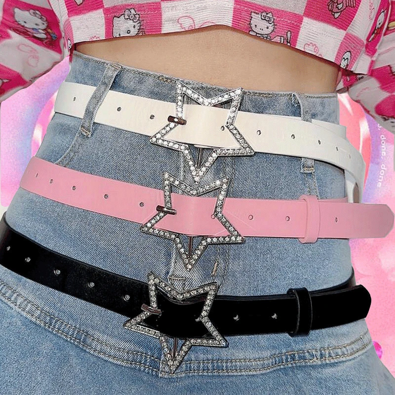 Top Trends: Y2K Trendy Spicy Girl Pink PU Leather Belt Metal Fashion Buckle Five-point Star Full Drill Waistband Women Bridal Sash Belt Shoppable Styles