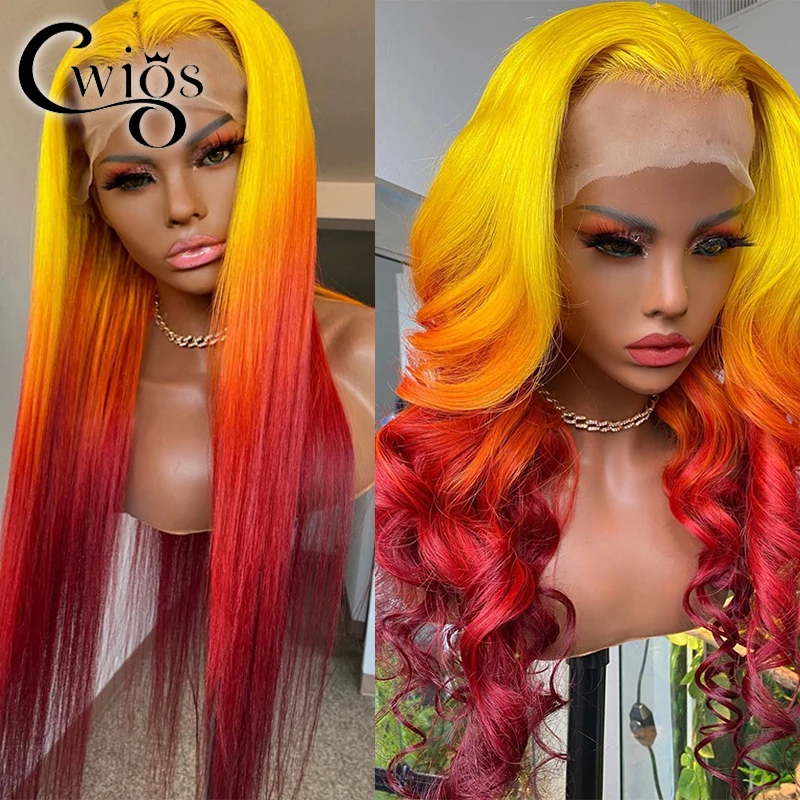 Top Trends: Body Wave Ombre Yellow Red Colored Glueless Transparent Synthetic 13X4 Lace Front Wigs For Women Preplucked Drag Queen Cosplay Shoppable Styles