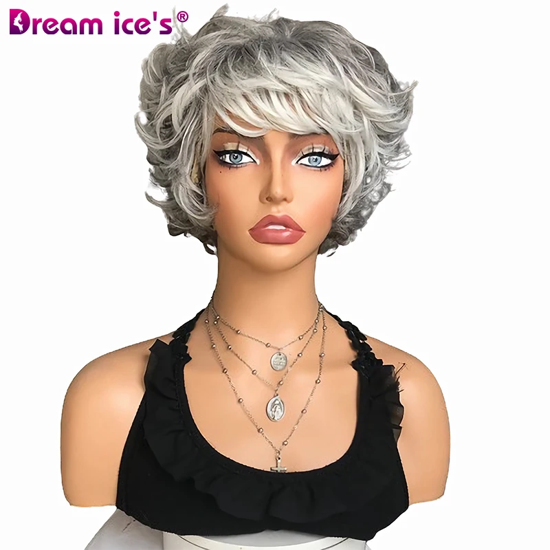 Top Trends: Short Mixed Gray Synthetic Wigs With Bangs For Women Heat Resistant Fiber Natural Wavy Pixie Cut Layered Hair Cosplay Daily Wigs Shoppable Styles