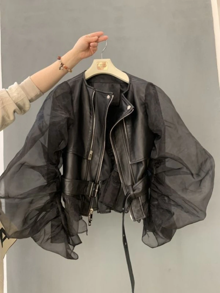 Top Trends: Women Jacket Ruffled Mesh Puff Sleeves Fashion Leather Jacket Women 2023 New Korean Zipper Stand Neck Short Coat Female Clothes Shoppable Styles