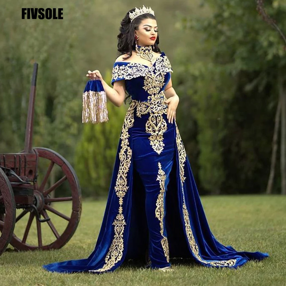 Top Trends: Fivsole Moroccan Caftan Evening Dress Gold Appliques Lace Cap Sleeve Royal Blue Mermaid Velvet Arabic Prom Gowns Party Dress Shoppable Styles