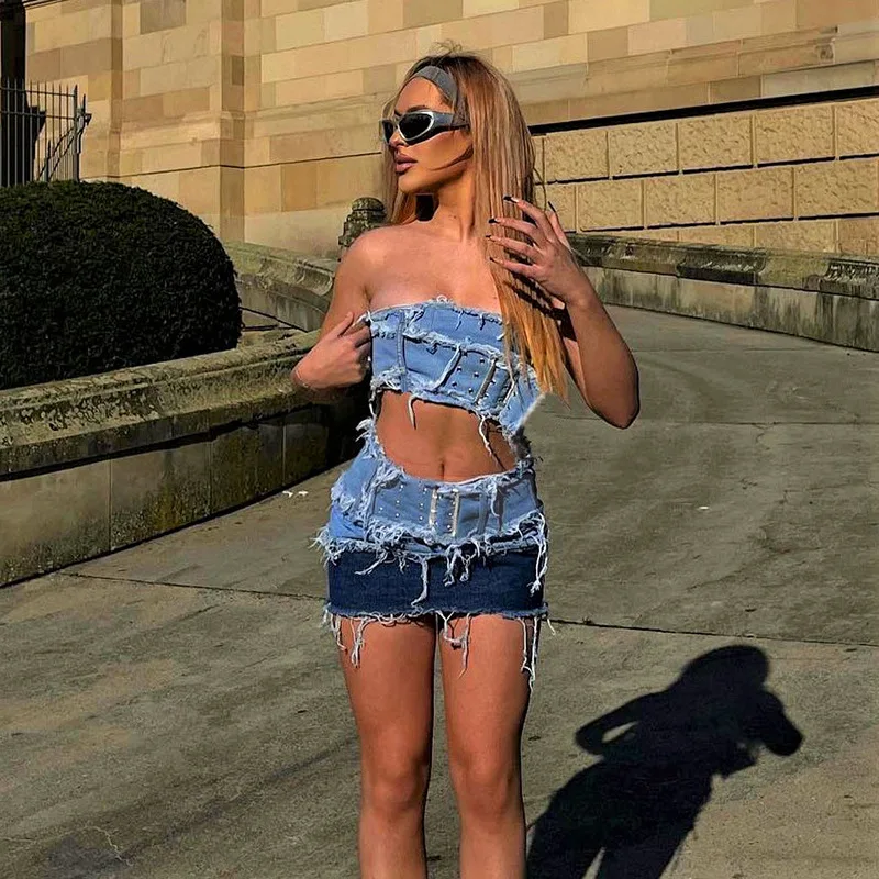 Top Trends: Ripped Denim 2 Piece Skirt Sets Dress 2023 Summer Women Clothes Y2K Streetwear Jean Dress Sexy Crop Tops Two Piece Set Outfit Shoppable Styles