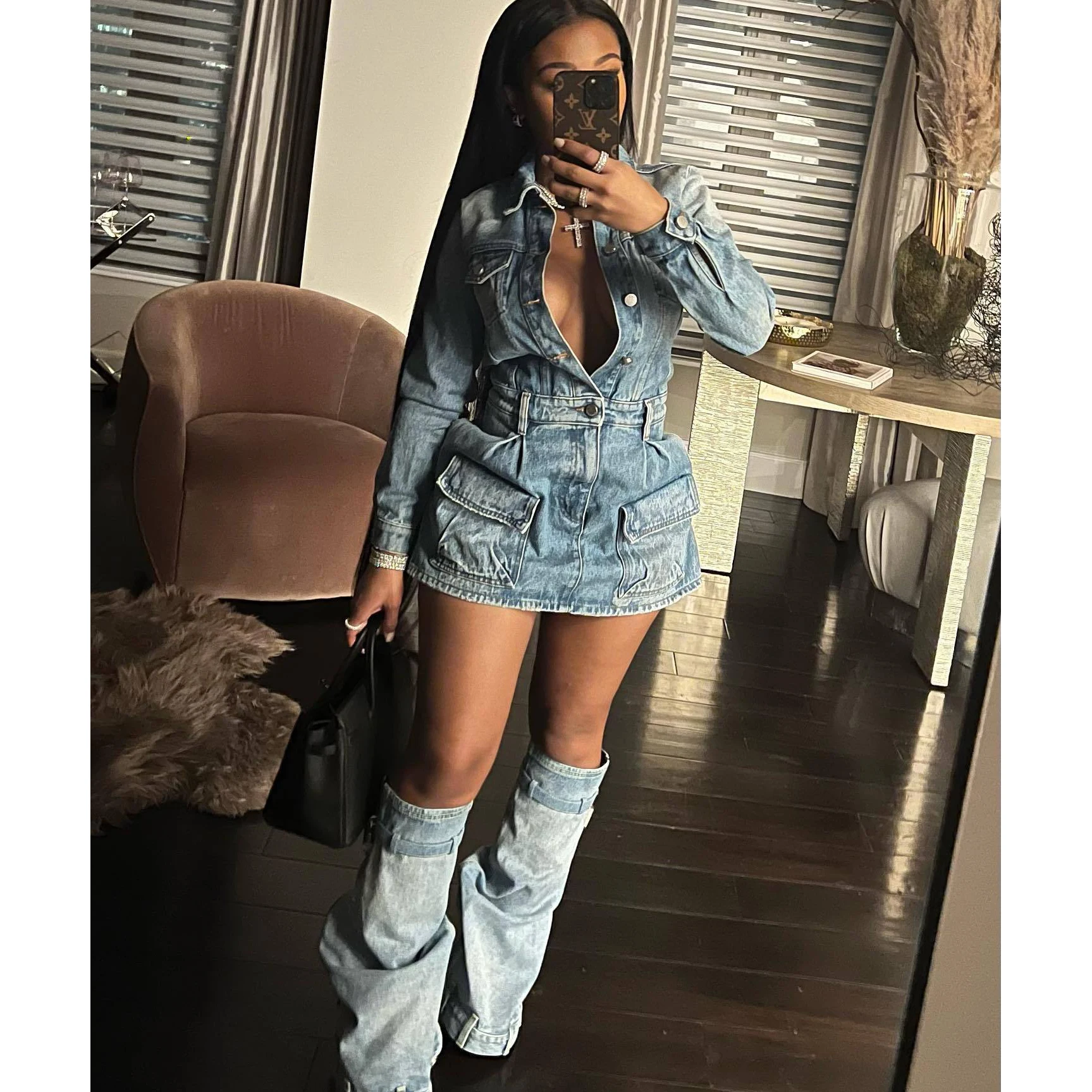 Top Trends: Denim Pocket Jean Jackets Dress 2 Piece Skirt Sets 2023 Winter Fall Y2K Streetwear Sexy Elegant Cargo Denim Two Piece Skirt Set Shoppable Styles