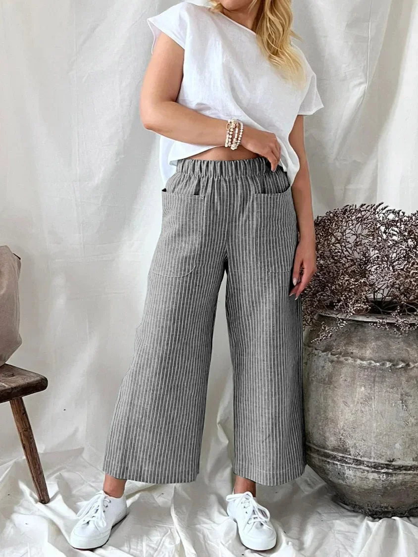 Top Trends: 2024 Spring Cotton Linen Women's Long Pants Black Elastic Waist Pleated Button Loose Pants Female New Casual Ladies Bottom Shoppable Styles