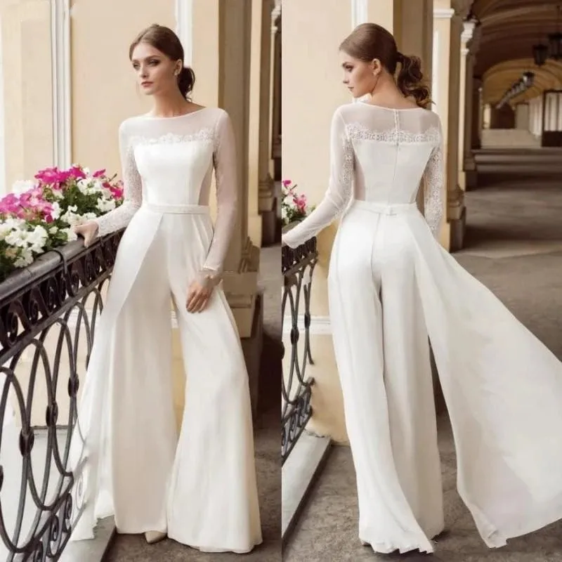 Top Trends: Simple Jumpsuit Lace Wedding Dresses Long Sleeve Belt Floor Length O-Neck 2023 Illuson Bridal Gowns New Vestido De Noiva Custom Shoppable Styles