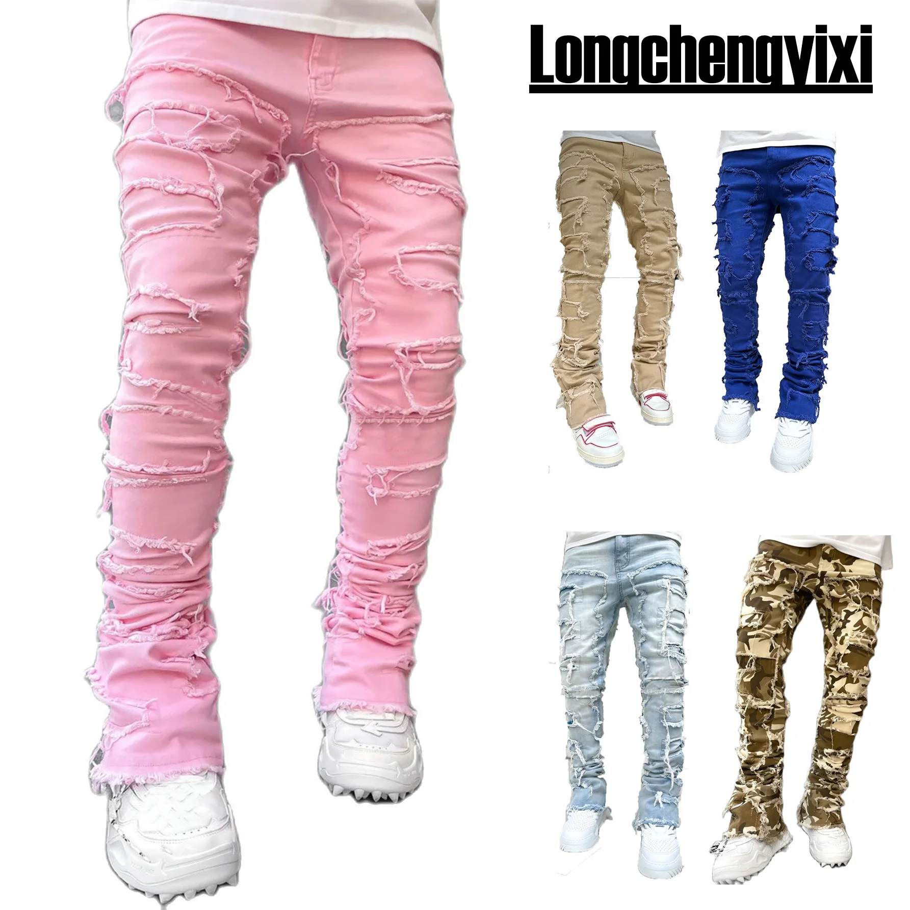 Top Trends: European And American Street Fashion Ins Hot Style Elastic Patch Denim Straight-leg Pants New Men's Fashion Retro Denim Trousers Shoppable Styles