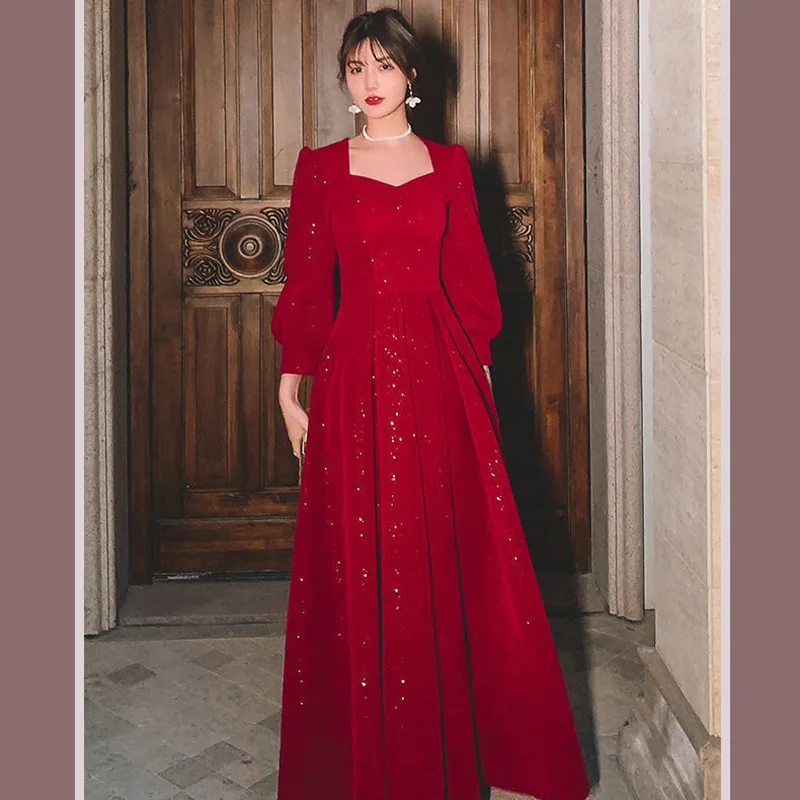 Top Trends: Women Evening Dresses Long Sleeve Elegant Square Collar Red Prom Party Dress Long A-line Wedding Guest Evening Dress Graduation Shoppable Styles - Image 2