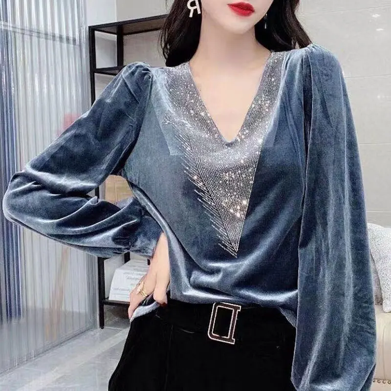 Top Trends: Elegant Sexy V-Neck T-shirt Stylish Diamonds Women's Clothing Solid Color Spring Autumn Casual Pleuche Long Sleeve Pullovers New Shoppable Styles