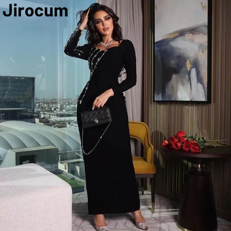 Top Trends: Jirocum Black Crystal Beaded Prom Gown Women's Square Neck Side Slit Evening Gowns Mermaid Long Sleeve Formal Occasion Dresses Shoppable Styles