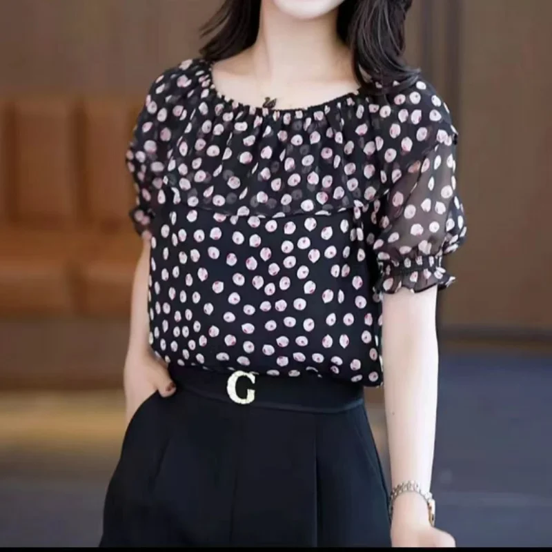 Top Trends: Fashion Versatile One Shoulder Korean Fashion Chiffon Shirt Women Summer New Korean Print Casual Polka Dot Short Sleeve Blouse Shoppable Styles