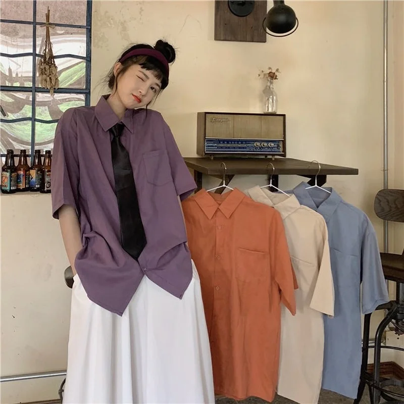 Top Trends: QWEEK Women Vintage Blouse With Bow Tie Summer 2021 Fashion Korean Style Oversized Short Sleeve School Shirt Kpop Purple Top Shoppable Styles