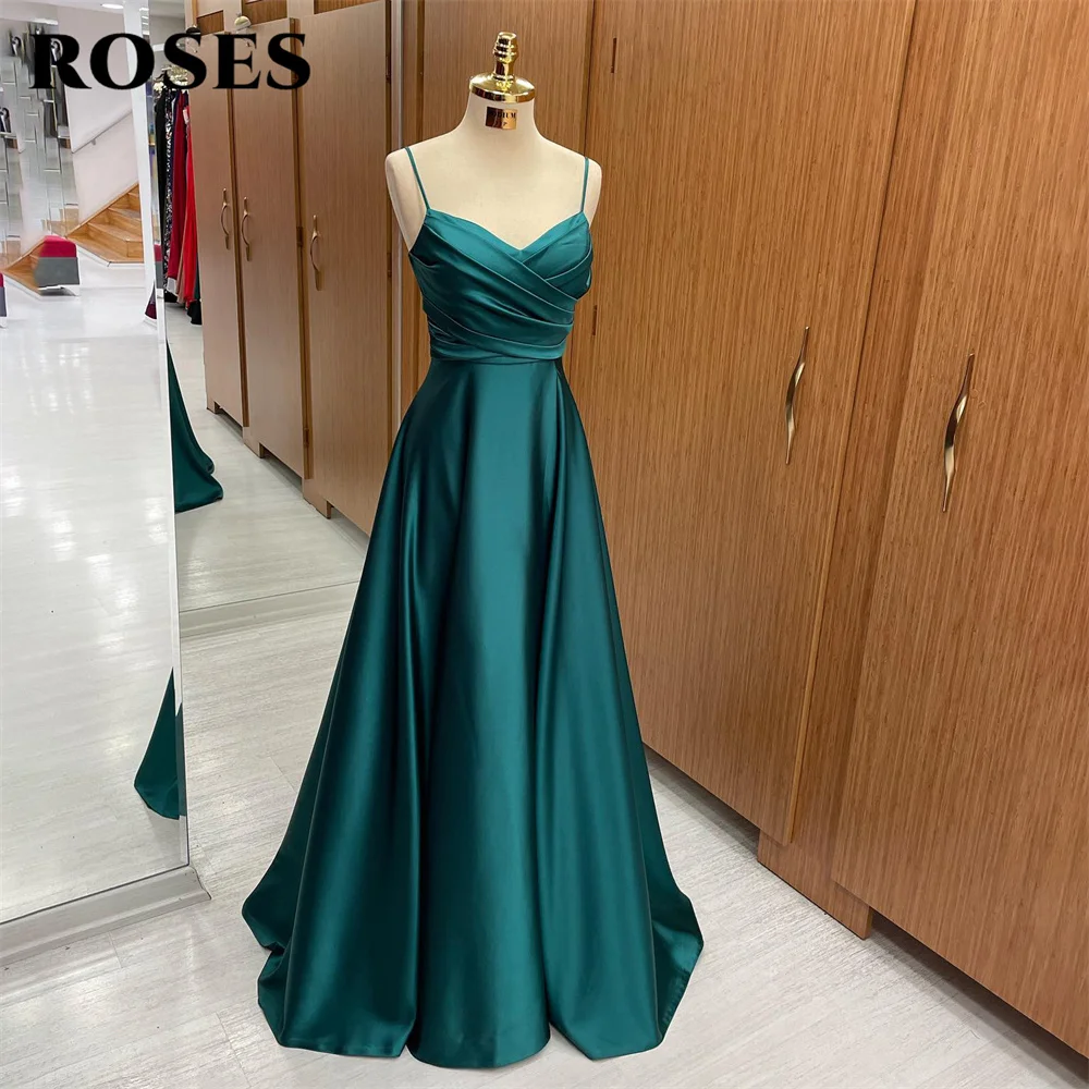 Top Trends: ROSES Drak Green A Line Formal Dresses V Neck Pleat فساتين للحفلات الراقصة Spaghetti Strap Special Occasion Dresses Robe Soirée Shoppable Styles