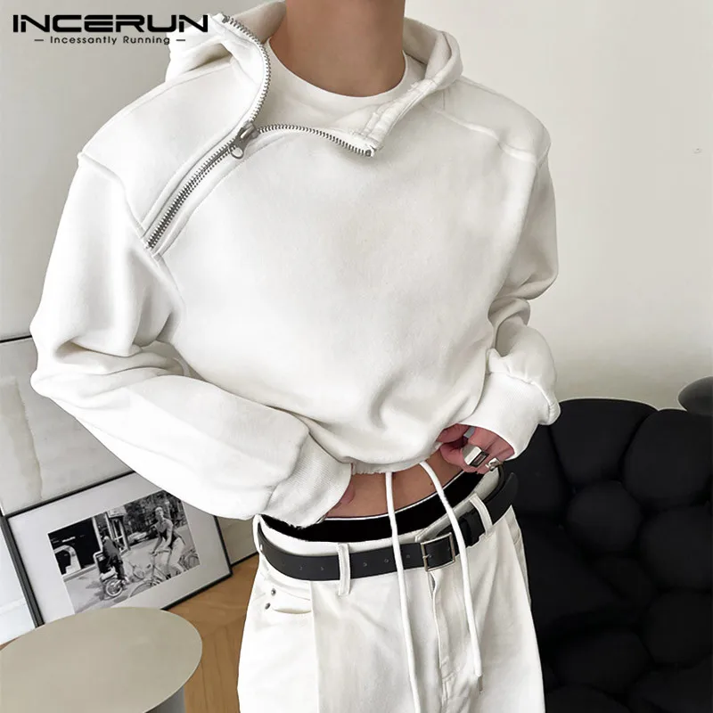 Top Trends: INCERUN Tops 2023 Korean Style New Men High-waisted Drawcord Hooded Casual Streetwear Solid All-match Zippered Sweatshirts S-5XL Shoppable Styles