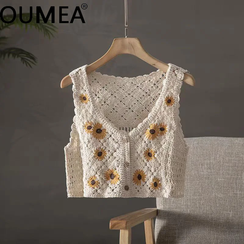 Top Trends: OUMEA Women Summer Cotton Crochet Retro Cropped Knitted Cardigans Daisy Floral Embroidery Sleeveless Button Up Chic Crop Tops Shoppable Styles