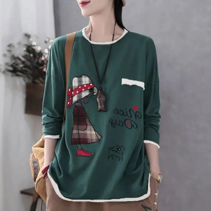 Top Trends: Fashion O-Neck Loose Cartoon Long Sleeve Casual T-Shirt Female Clothing 2023 Autumn New Oversized Tops Korean Tee Shirt Shoppable Styles