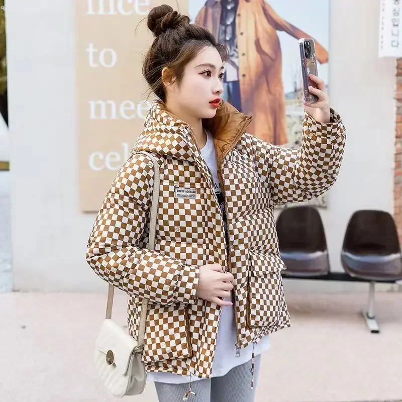 Top Trends: Plaid Winter Women Coat Puffer Jacket Parka Long Sleeve Warm Thicker Hooded Cotton Jacket Korean Fashion Coat Snow Clothes Shoppable Styles