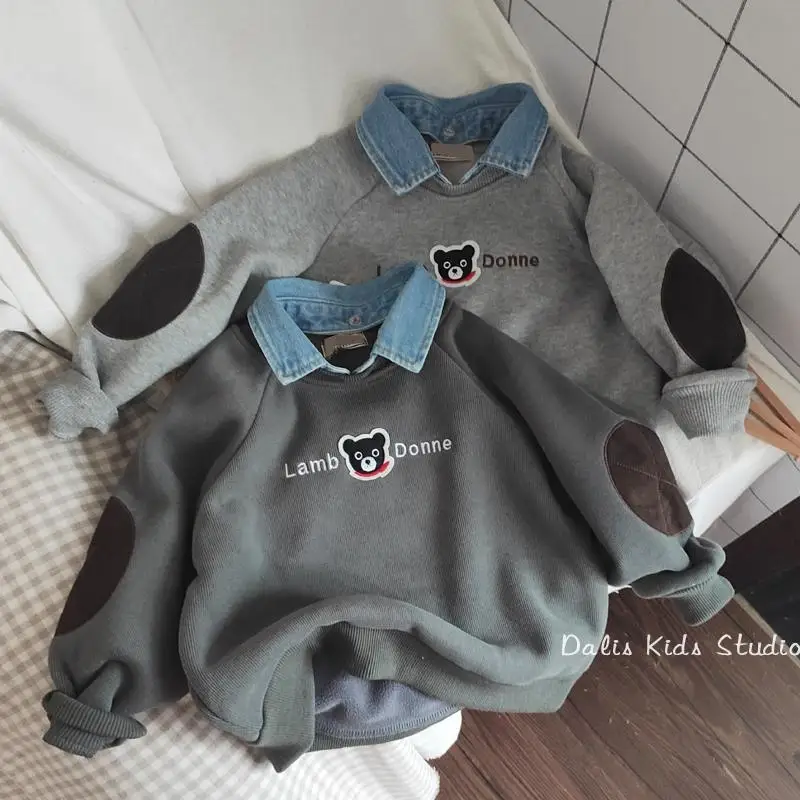 Top Trends: Plush Boys Sweatshirts Cute Bear Kids Sweater With Detachable Denim Collar Autumn Winte Children's Clothing Top Cartoon Pullover Shoppable Styles