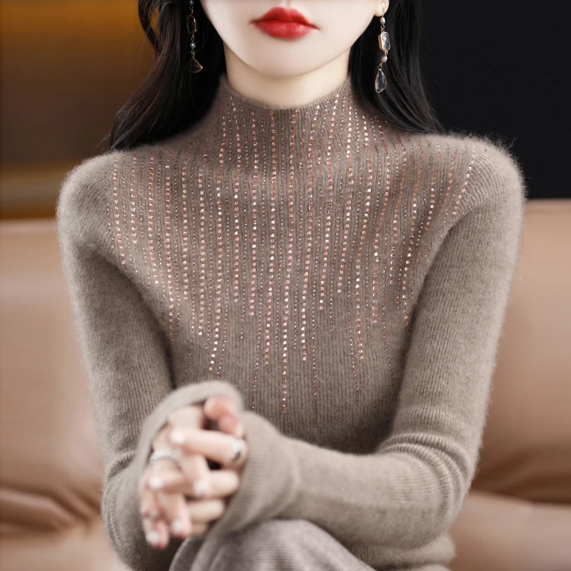 Top Trends: Seamless Ready-To-Wear Pure Wool Sweater Women&#039;s Semi-Turtleneck Pullover Long Sleeve Fall / Winter 2022 Diamond Encrusted Stretch Shoppable Styles