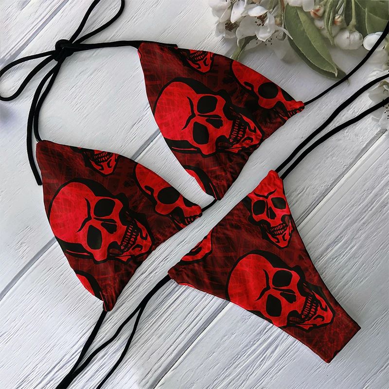 Top Trends: Fashion Bikini Set Women Backless Low Waist Sexy Skull Pattern Printed Swimsuit Beach Surfing Vacation Halloween Cosplay Shoppable Styles