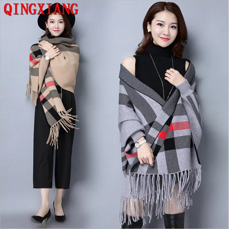 Top Trends: Women Autumn Long Batwing Sleeves Big Pendulum Cape Outstreet Wear Winter Knitted Striped Poncho Vintage Tassel Shawl Coat Shoppable Styles