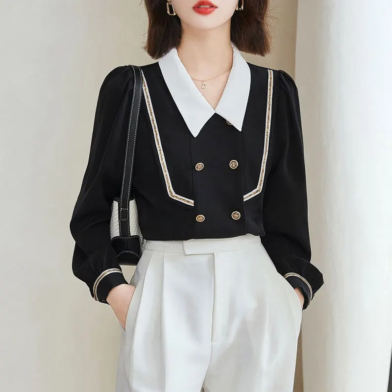 Top Trends: Preppy Style Solid Color Chic Button Blouse All-match Stylish Bright Line Decoration Female Spring Autumn Peter Pan Collar Shirt Shoppable Styles