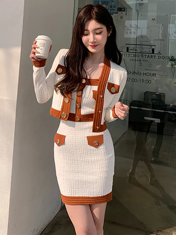 Top Trends: Brand Designer Autumn Clothes For Women 2023 Vintage Elegant Gold Buttons Knitted Cardigan + Mini Skirts Two Piece Sets Female Shoppable Styles