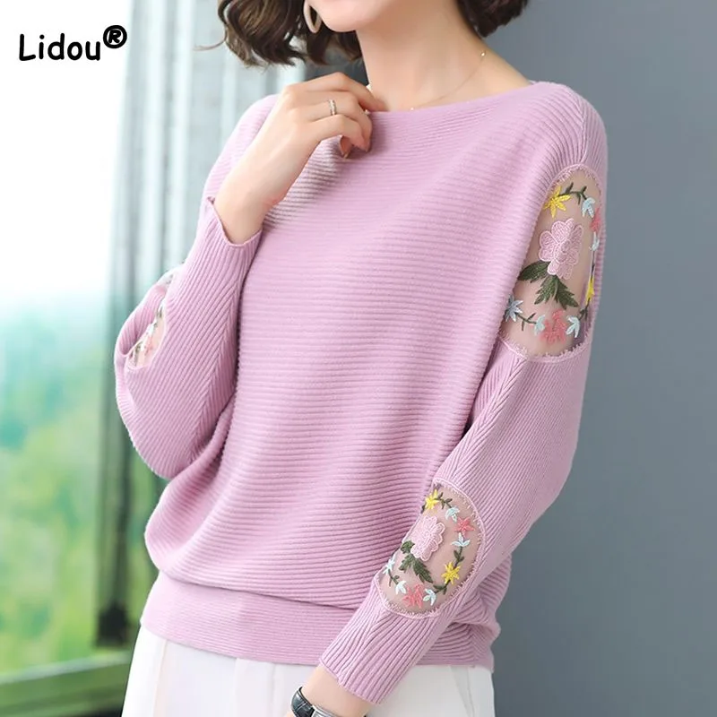 Top Trends: Female Fashion Embroidery Mesh Spliced Sweaters 2023 Autumn Winter Solid Color Batwing Sleeve Knitted Pullovers Women&#039;s Clothing Shoppable Styles