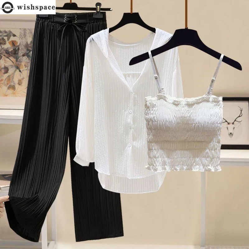 Top Trends: Spring / Summer Set Women's 2023 New Korean Casual Hooded Chiffon Top Fashion Tank Top Wide Leg Pants Three Piece Set Shoppable Styles