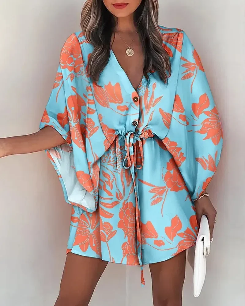 Top Trends: 2023 Summer New Fashion Sexy V-neck Print Beach Party Mini Dress Women's Elegant Lace Up Waist Relaxed Loose Fitting Clothing Shoppable Styles