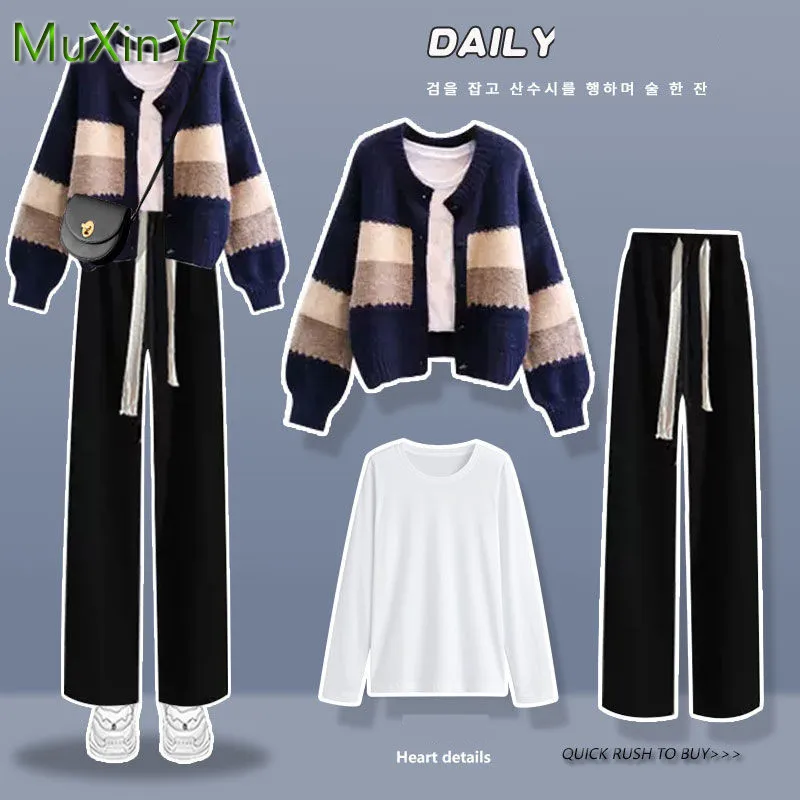 Top Trends: Women's Autumn Winter New Fashion Knitwear Coat+ pants Two Piece Korean Elegant Vintage Cardigan High Waist Wide Leg Trousers Set Shoppable Styles