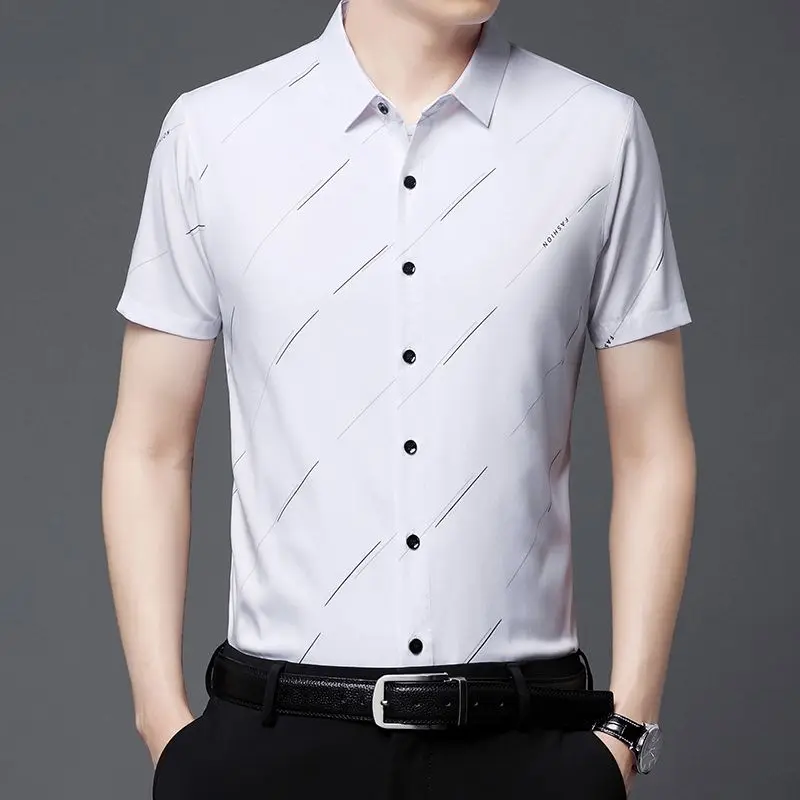 Top Trends: Business Office Casual Short Sleeve Printed Shirt For Men 2023 Summer Male Clothes All-match Single-breasted Polo-Neck Shirt Shoppable Styles - Image 2