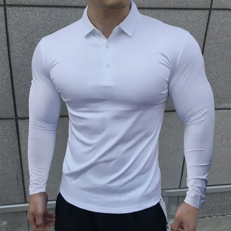 Top Trends: Korean Autumn Casual Fitness Polo Shirt Men Solid Button Slim Elastic Versatile Sports Breathable Quick Drying Long Sleeved Tops Shoppable Styles