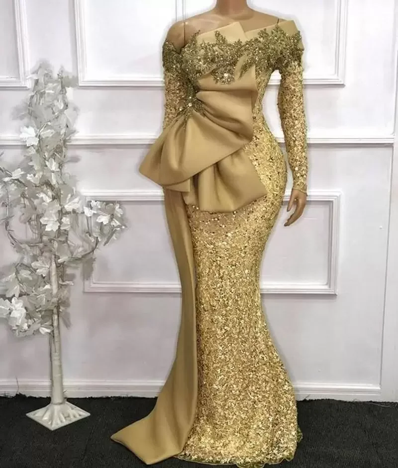 Top Trends: 2023 African Lace Mermaid Evening Dresses Plus Size Glitter Gold Sequins Long Sleeves Beaded Prom Party Gowns Robe De Soiree Shoppable Styles