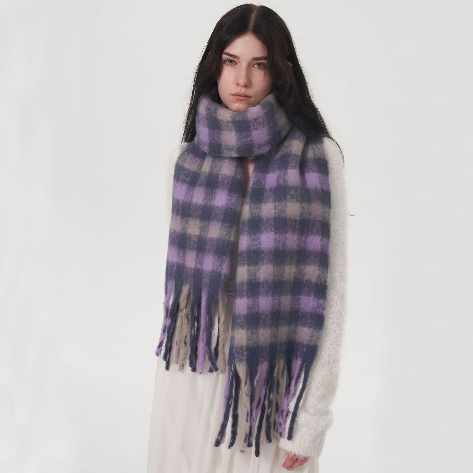 Top Trends: New Winter Warm Cashmere Scarves Fashion Purple Gray Gradient Plaid Tassel Scarf Simple Commuting OL Long Muffler Shoppable Styles