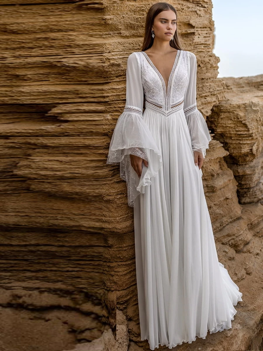 Top Trends: Qcenkeren Wedding Dress Vestido De Novia Long Flare Sleeve Deep V-Neck Bohemia Israel Embellished Bodice Boho Chapel Train 2024 Shoppable Styles - Image 2