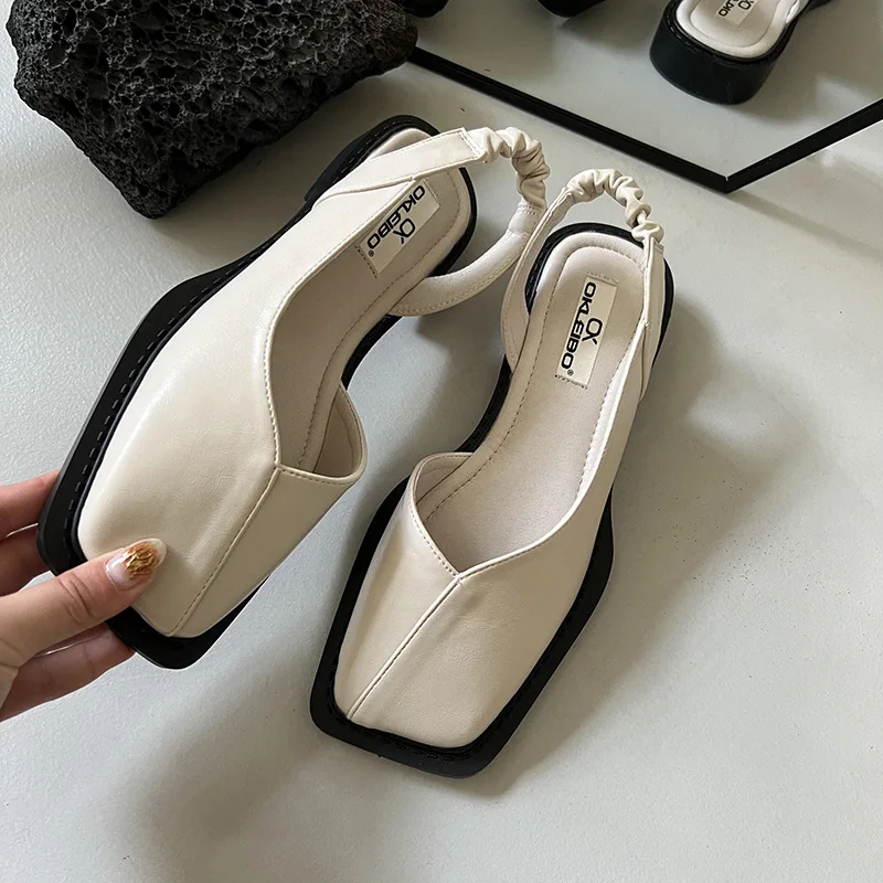 Top Trends: Baotou Summer Casual Ladies Sandals Fashion Ladies Elastic Band Flat Heel Women's Shallow Mouth Party Shoes Square Heel Sandals Shoppable Styles