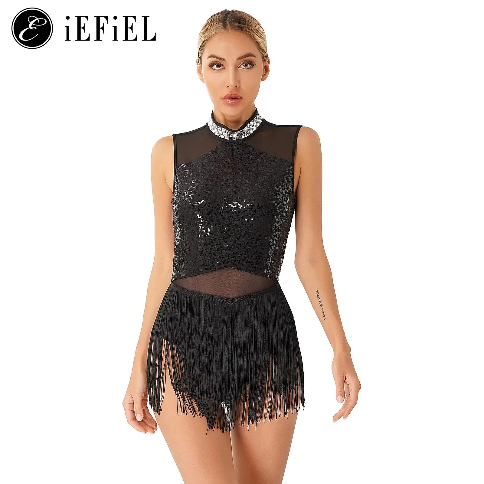 Top Trends: Women Sequins Diamond Latin Jazz Dance Costume Sleeveless Cutout Back Flowy Tassel Dress Leotard Tango Cha-Cha Samba Dancewear Shoppable Styles