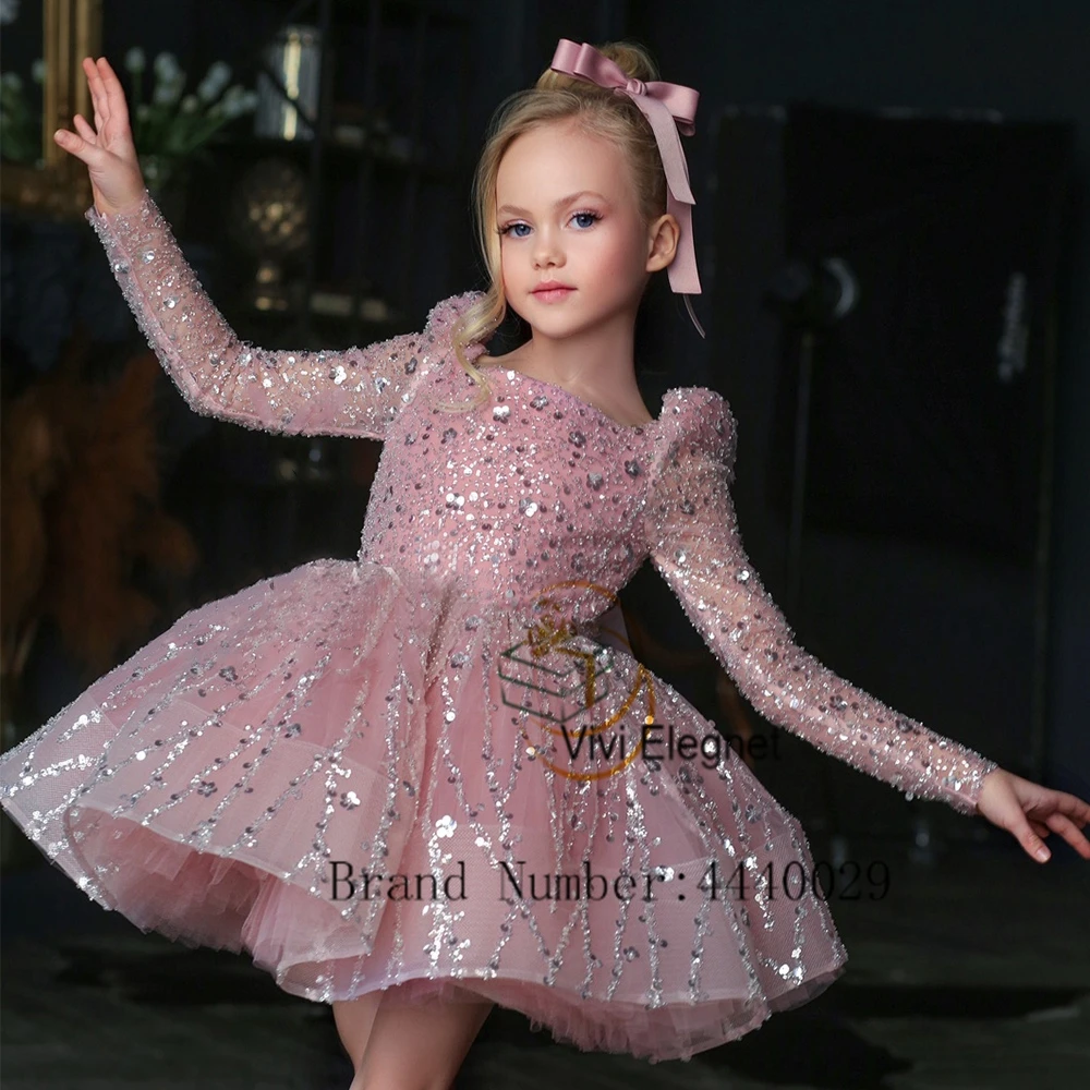 Top Trends: Pink Flower Girl Dresses For Baby 2023 Summer Full Sleeve Square Collar Wedding Party Gowns With Sequined New فساتين اطفال للعيد Shoppable Styles