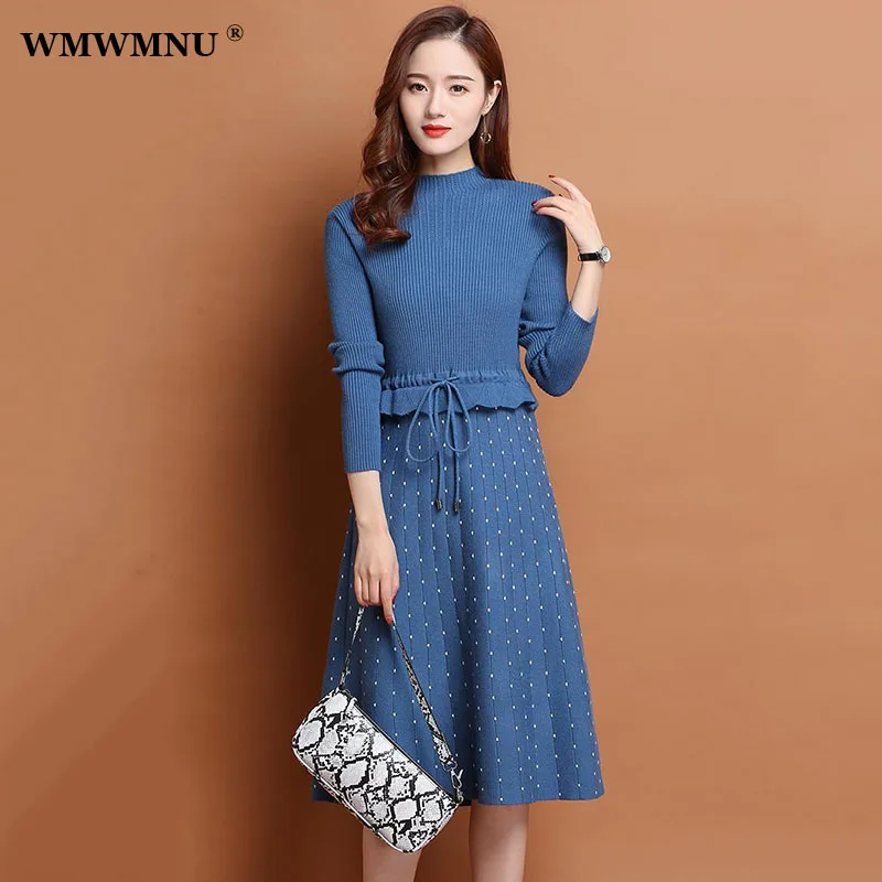 Top Trends: Fake 2 Piece Patchwork Dot Print Sweater Dress Women Winter Thick Elegant Knitted Dresses Casual Warm Midi Vestido Mujer 2023 Shoppable Styles