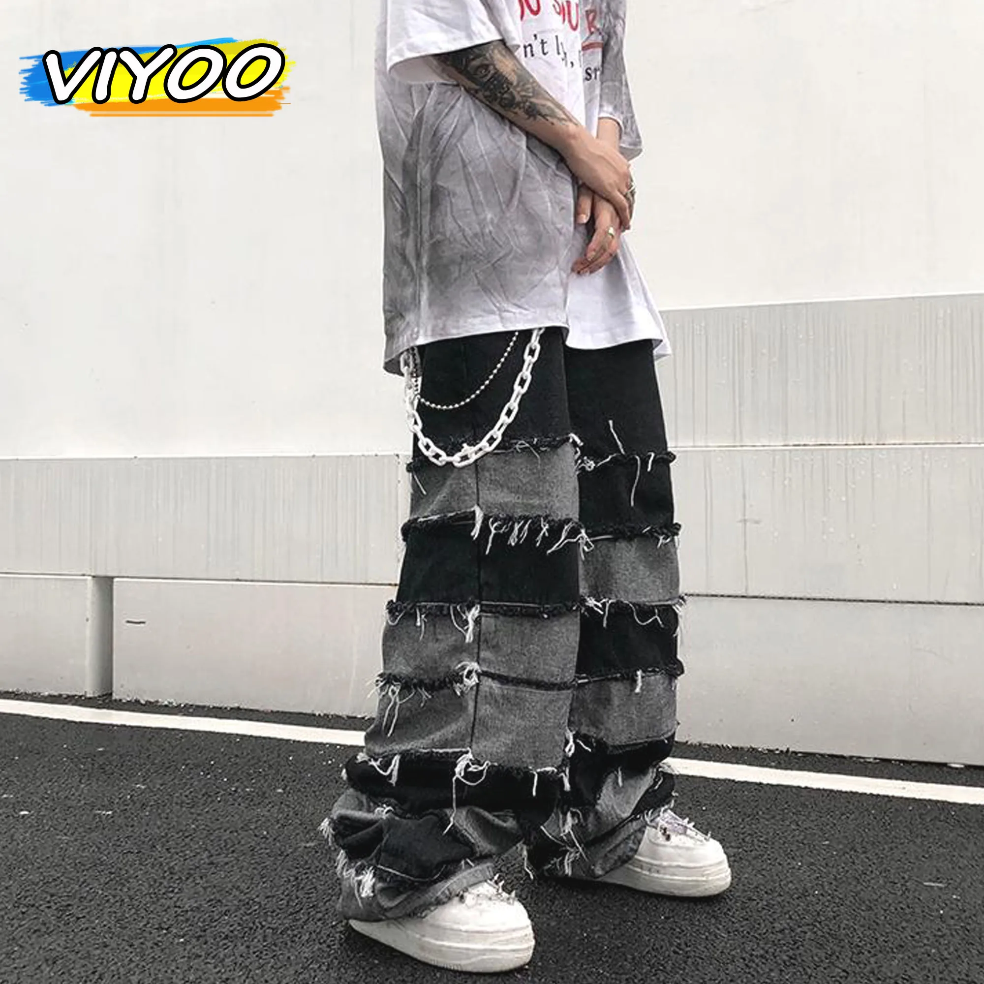 Top Trends: Men's Oversized Vintage Patchwork Style Hip Hop Wide Leg Denim Pants Baggy Ripped Distressed Jeans Y2K Grunge For Men Streetwear Shoppable Styles